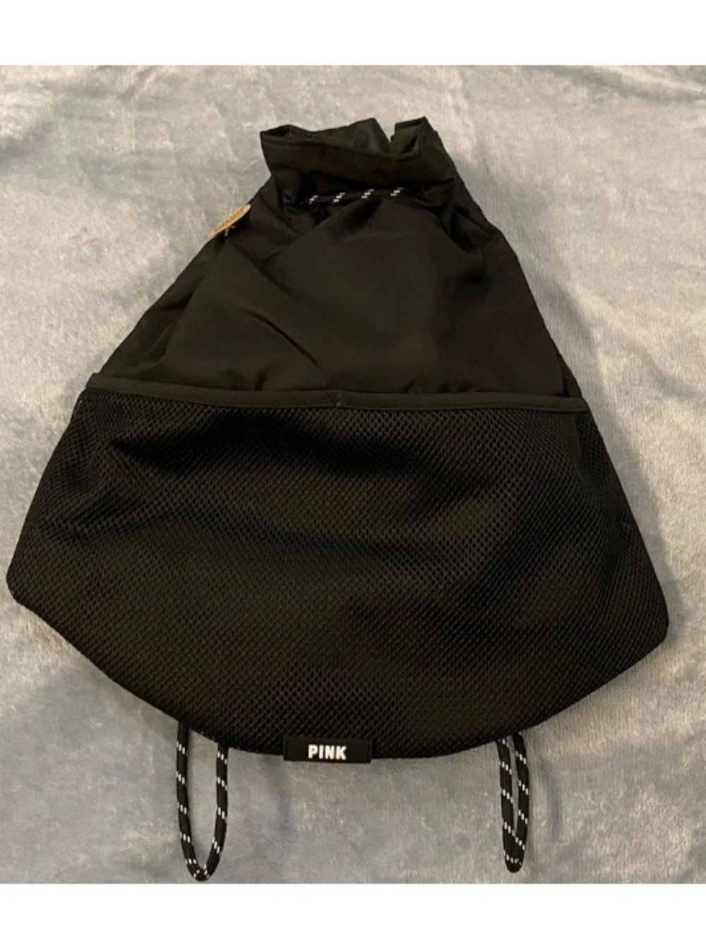 Victorias Secret PINK Solid Black Drawstring Logo Backpack Purse NWOT